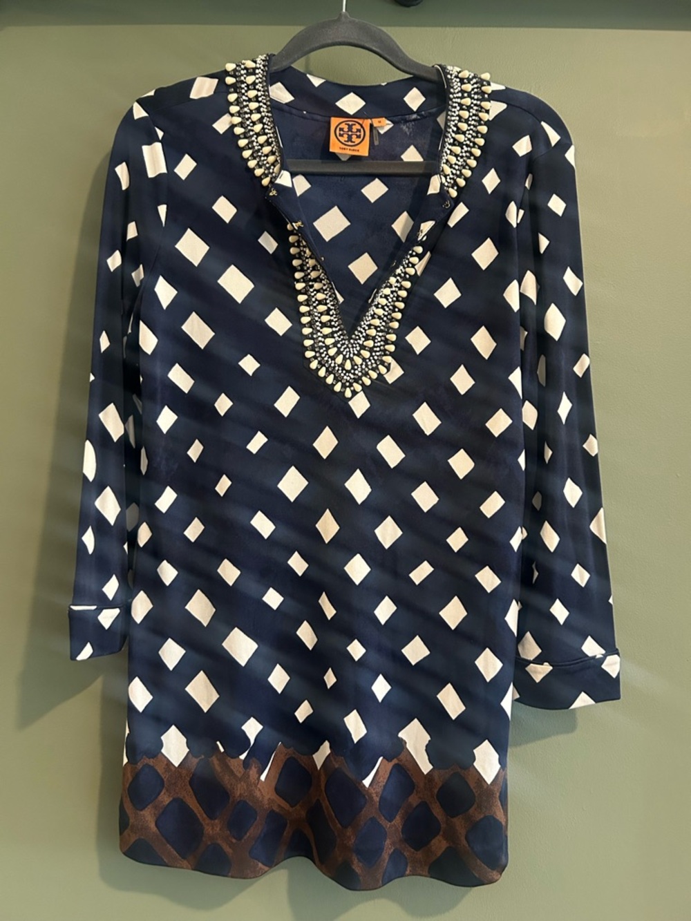 Tory Burch Navy and White Beaded V‑Neck Tunic with Brown Hem